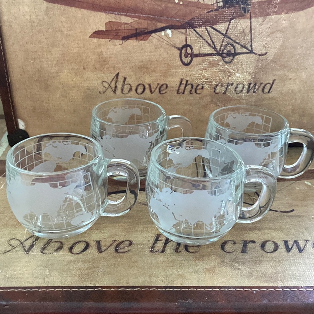 Vintage Nestle Glass World Globe Etched Mugs